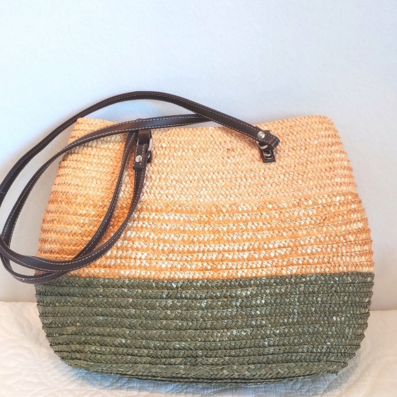 Faded Glory woven straw tote casual shoulder bag green/natural color on top - Picture 1 of 6